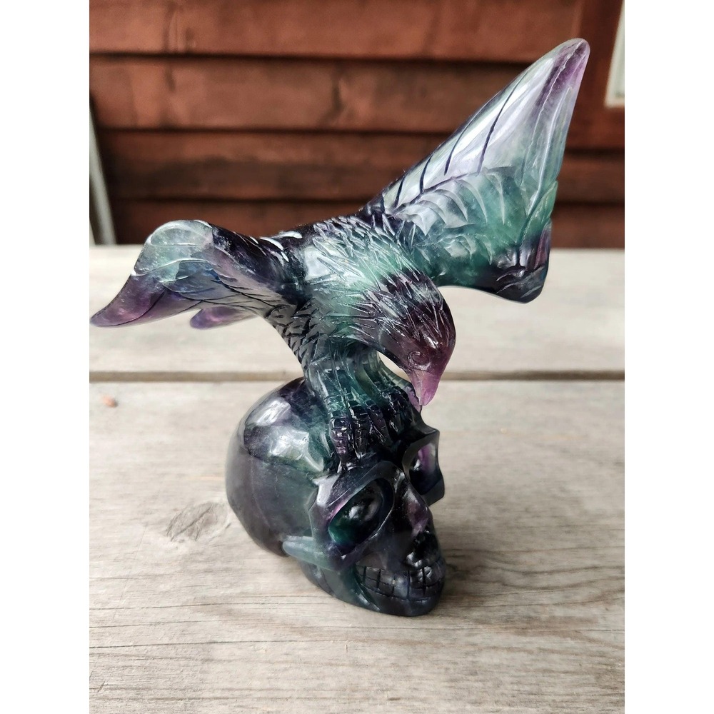Large Purple Fluorite Carved Eagle on a skull statue,